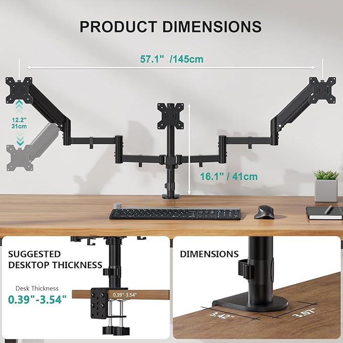 WALI Triple Monitor Mount for 13-32 inch Screens, up to 17.6 lbs per Arm | Adjustable 3 Monitor Desk Mount with Swivel, Tilt, Rotation, Triple Monitor Stand for Desk, VESA 75/100mm (GSDM003), Black