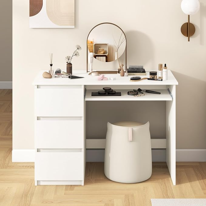 Giantex White Desk with Drawers, Modern Computer Desk with Charging Station & Keyboard Tray, Laptop PC Computer Workstation, Study Writing Desk for Bedroom