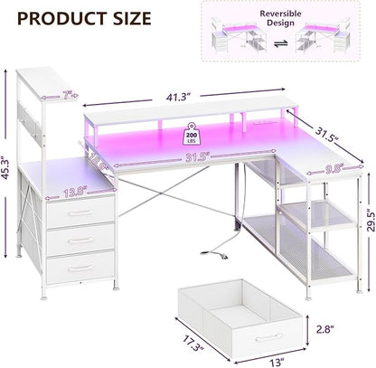 YOMILUVE White Gaming Desk with Drawers & Storage Shelves, L-Shaped Gaming Desk with Power Outlets & LED Light, Reversible Computer Desk with Monitor Stand & Hooks for Home Office