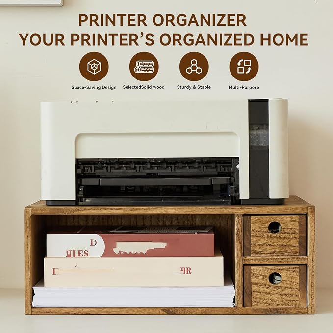 KIRIGEN Printer Stand with Storage Drawer and Cable Management for Desk Document Paper Organizer for Home Office DYJG-DBR