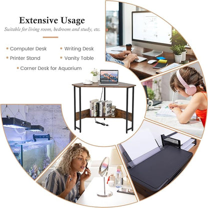 GOFLAME Corner Desk with Power Outlet, Triangle Computer Desk for Small Space, Space-Saving Writing Desk with Storage Shelf and Charging Station, Modern Laptop PC Desk for Home Office, Rustic Brown
