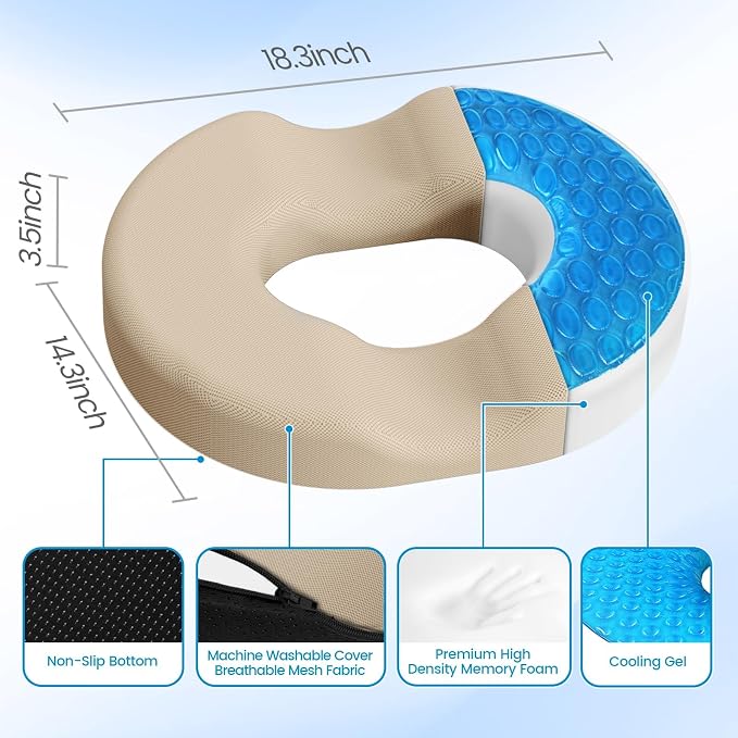 Donut Pillow Seat Cushion - Cooling Gel Donut Chair Cushions, Memory Foam Seat Cushion for Office & Home, Car Seat Cushion and Butt Pillow, Hemorrhoids Pillow and Tailbone Pain Relief, Khaki