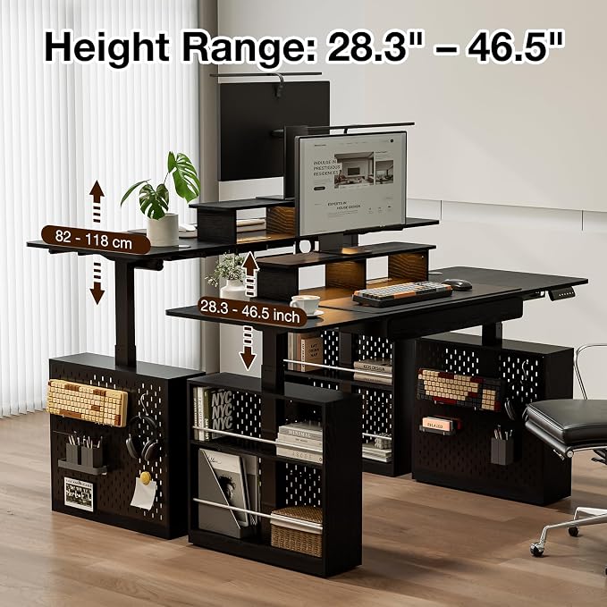63x24 Electric Standing Desk with Drawer & Power Outlet, Ergonomic Sit Stand Desk with LED Lights, 2 Pegboards Storage, Monitor Stand, Height Adjustable 28.3"-47.2" for Home & Office, Black
