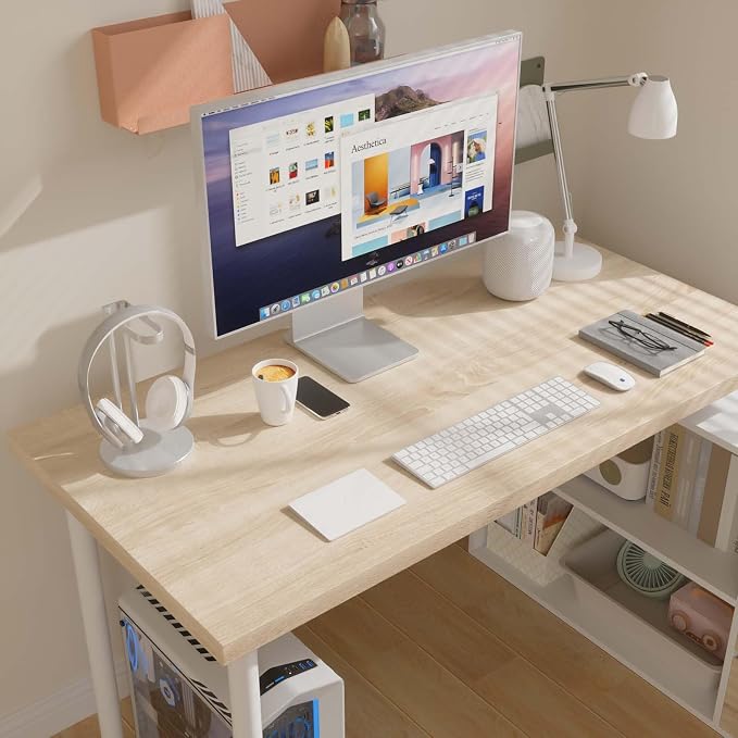Bobve L Shaped Computer Desk, 47 Inch Home Office Desk with File Drawers & Storage Shelves, Small Corner Computer Desk for Small Space (White + Walnut)