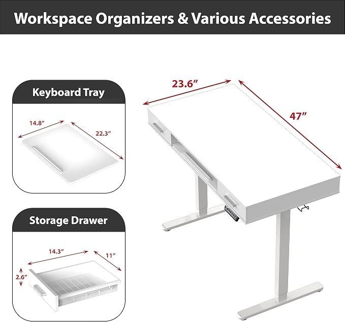 SHW 48-Inch Electric Height Adjustable Desk with Keyboard Tray and 2 Drawers, White
