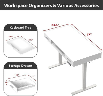 SHW 48-Inch Electric Height Adjustable Desk with Keyboard Tray and 2 Drawers, White