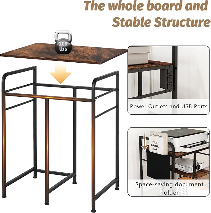 Sedegn Large Printer Stand with 3 AC Outlets for Home Office Devices | Heavy-Duty Printer Table for Laser Printer, Side Paper Storage Bag, 3-Tier Organizer for Shredder, PC Tower & Supplies, Brown