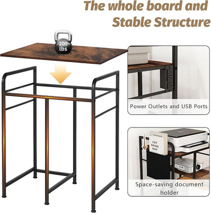 Sedegn Large Printer Stand with 3 AC Outlets for Home Office Devices | Heavy-Duty Printer Table for Laser Printer, Side Paper Storage Bag, 3-Tier Organizer for Shredder, PC Tower & Supplies, Brown