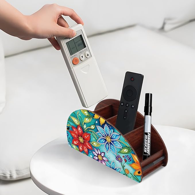 DIY Diamond Painting Storage Box Floral Design Multi-Compartment Wooden Organizer for TV AC Remotes, Makeup Brushes, Pens, Desktop Tabletop Craft Storage