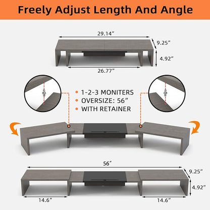 WESTREE Triple Dual Monitor Stand Riser, 56" Extra Long Monitor Stand for 1~2~3 Monitors, Monitor Stand with Length and Angle Adjustable, 3 Shelf Desktop Organizer Riser for Monitor Computer Laptop