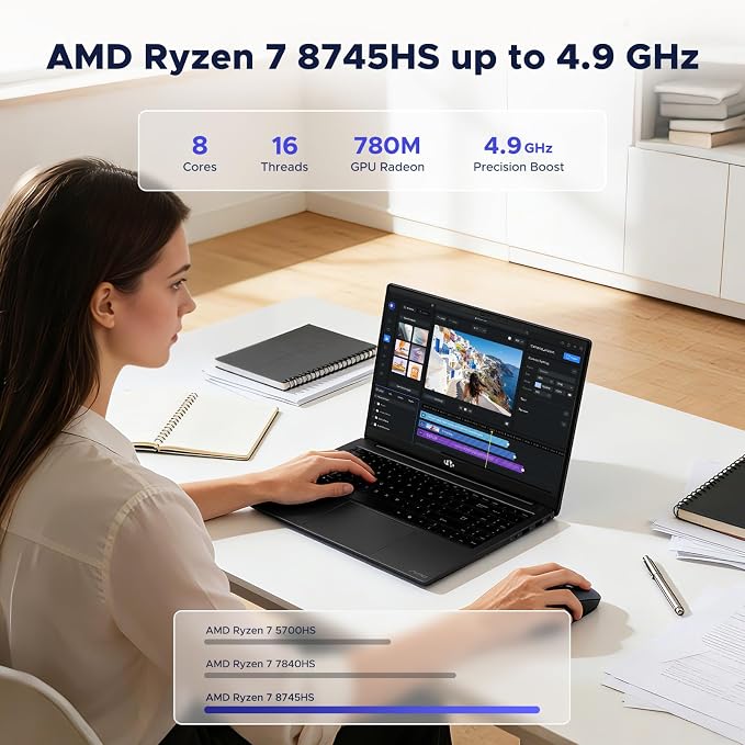NIMO 17.3" Light-Gaming-Laptop, AMD Ryzen 7 8745HS 8 Cores 16GB DDR5 RAM 512GB SSD, Radeon 780M Graphics, FHD IPS Display, 100W Type-C Fast Charger, Backlit Keyboard, Fingerprint, USB 4.0