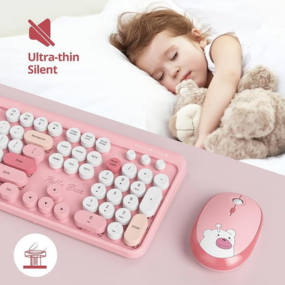 GTSP Pink Typewriter Keyboard Wireless Mouse Combo, Cute Keyboard 2.4G Office Full-Sized Retro with Round Keycaps for Laptop PC Desktops（Pink）