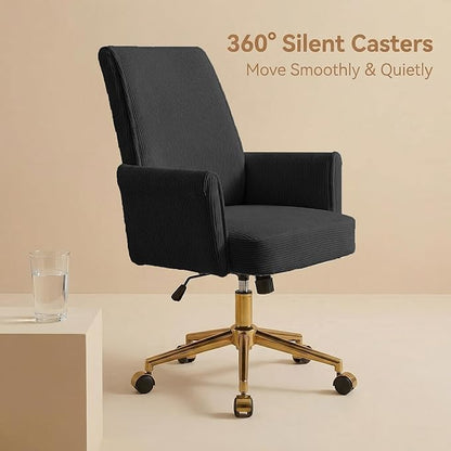 Stripes Velvet Home Office Desk Chair, Accent Upholstered Modern Height Adjustable Swivel Chair with Wheels,Ergonomic Task Chair for Living Room,Bedroom,Vanity,Study,Office（Black）