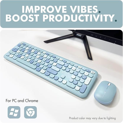 X9 Cute Wireless Keyboard and Mouse Combo - Retro Typewriter Keyboard and Mouse with Round Bubble Keys, 110 Keys and 18 Shortcuts Keyboard - Colorful Blue Keyboard Mouse Combo for PC Computer, Laptop
