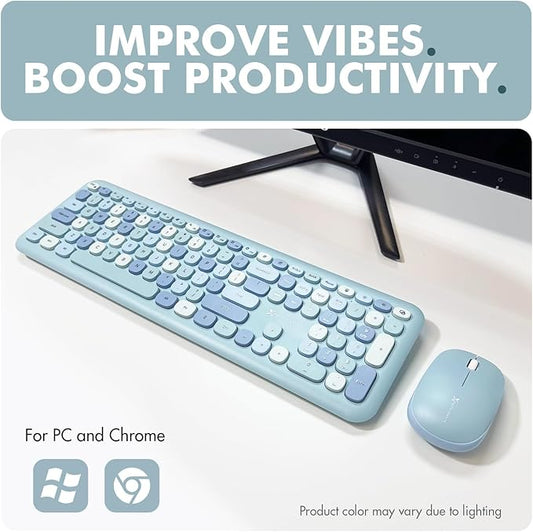 X9 Cute Wireless Keyboard and Mouse Combo - Retro Typewriter Keyboard and Mouse with Round Bubble Keys, 110 Keys and 18 Shortcuts Keyboard - Colorful Blue Keyboard Mouse Combo for PC Computer, Laptop