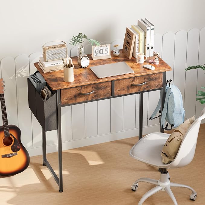 Sweetcrispy 32 Inch Small Computer Desk with Fabric Drawers for Bedroom Home Office, Writing Gaming Desks Study PC Table with Side Bag and Headphone Hook, Rustic Brown