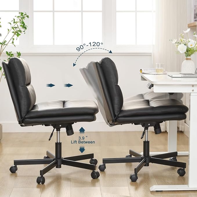 Okeysen Criss Cross Chair with Wheels, Armless Wide Seat Cross Legged Comfy Office Desk Chair, PU Leather Height Adjustable Swivel Computer Task Chairs for Home, Office, Vanity, Black