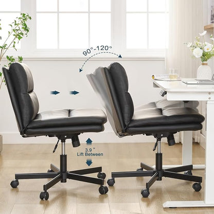 Okeysen Criss Cross Chair with Wheels, Armless Wide Seat Cross Legged Comfy Office Desk Chair, PU Leather Height Adjustable Swivel Computer Task Chairs for Home, Office, Vanity, Black