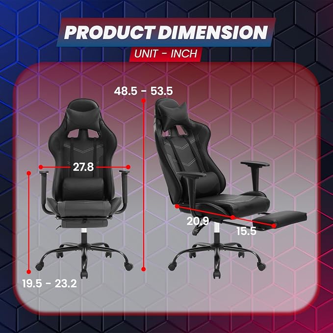 BestOffice | Ergonomic Gaming Chair | Dark Black | Reclining Computer Chair with Lumbar Support, Headrest Pillow, Adjustable Footrests | 360 Swivel with Heavy Duty Wheels | for Home & Office