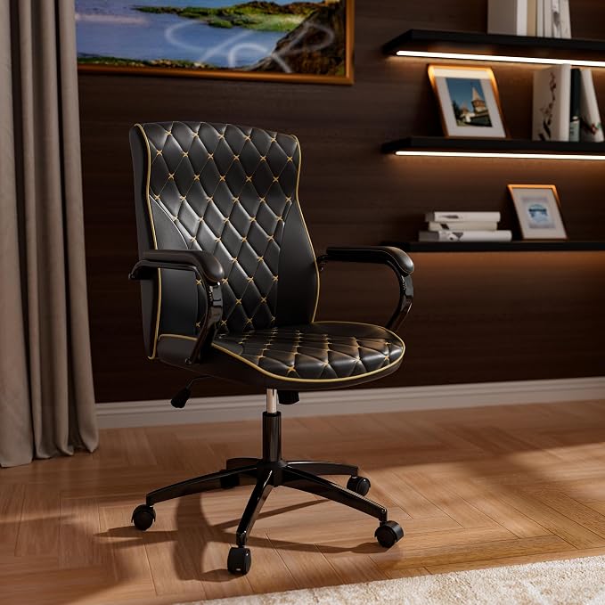 HomeZeer Black Office Chair, Luxury Leather Executive Desk Chair | Elegant Timeless Appeal, Vintage Mid Back Styling with Wheels and Padded Arms, Thick High Density Foam Comfort