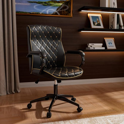 HomeZeer Black Office Chair, Luxury Leather Executive Desk Chair | Elegant Timeless Appeal, Vintage Mid Back Styling with Wheels and Padded Arms, Thick High Density Foam Comfort