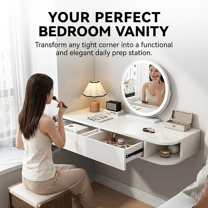 Corner Floating Desk with Drawer, Wall Mounted Desk with Open Shelving, Floating Makeup Vanity with Storage, Scratch-Resistant, Space Saving, for Bedroom Living Room Small Spaces Apartment