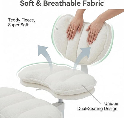Cross Legged Office Chair with Wheels, 360 Swivel Height-Adjustable Double-Layer Padding Criss Cross Meditation Chair with Lumbar Support, Artificial Rabbit Hair Fabric, Ivory