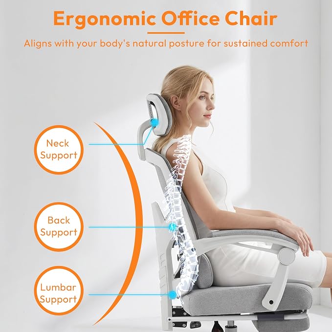 Ergonomic Office Chair with Footrest, Comfortable Desk Chair Gaming Chair with Leg Rest, Swivel Mesh Desk Chair with Headrest and Lumbar Support for Home, Office, Work, Study, Grey