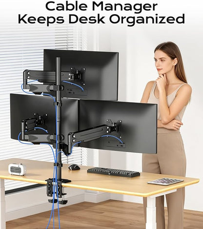 Pholiten Triple Monitor Mount, 3 Gas Spring Monitor Arms for Up to 32 inches Screens, Fully Adjustable Heavy Duty Triple Monitor Mount with Cable Management, Each Arm Holds 22 lbs
