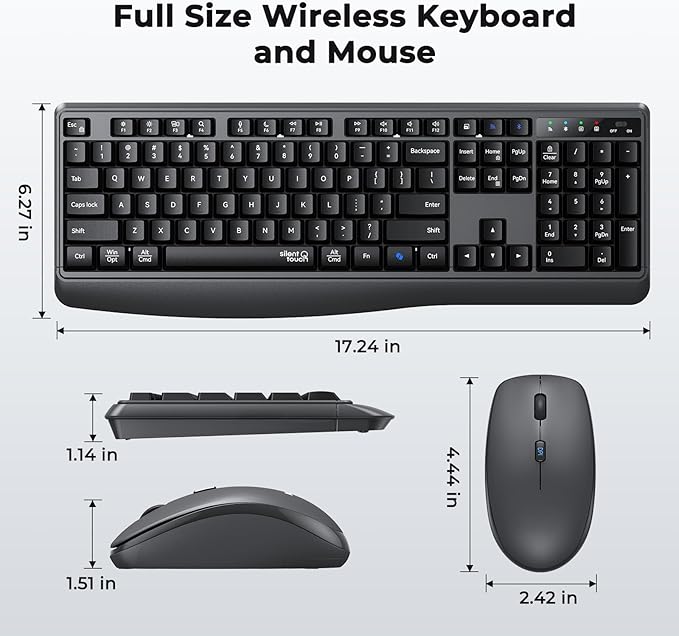 MEETION Silent Wireless Keyboard and Mouse Combo, Full-Sized Cordless Keyboard, 3 DPI Adjustable Optical Mouse, for Computers/Laptops/Windows/Mac,Black