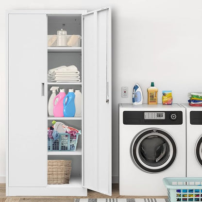 Wanfu Metal Storage Cabinet, 71”H Locking Storage Cabinet with 5 Adjustable Shelves, Steel Cabinets for Garage, Home, Office, Pantry (White)
