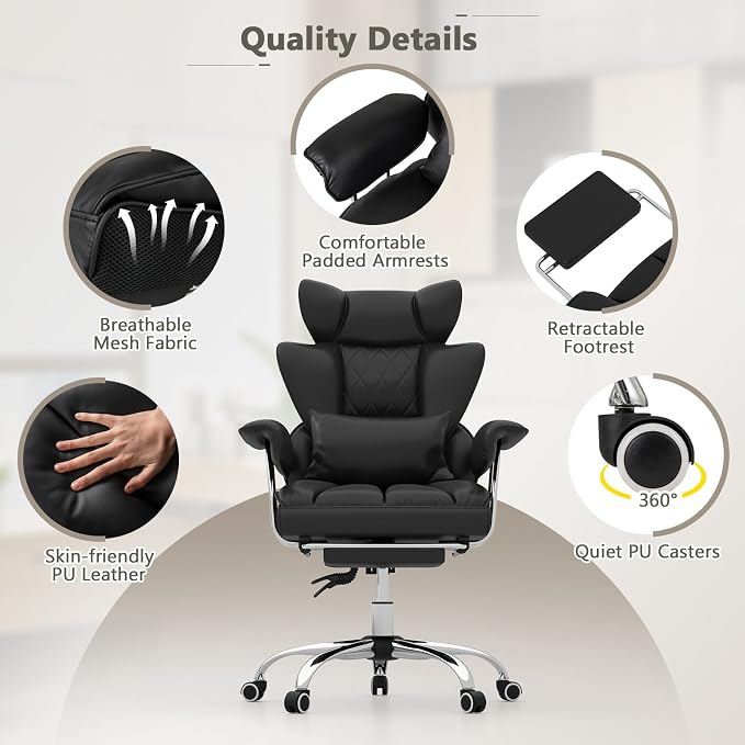 Giantex Office Desk Chair, Big and Tall Executive Office Chair with Foot Rest and Lumbar Support, High Back Leather Swivel Computer Task Chair, Large Ergonomic Reclining Home Office Chair, Black