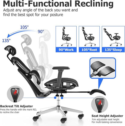 PatioMage Ergonomic Office Chair with Footrest, Big and Tall Desk Chair with Adjustable Lumbar Support, Seat Depth & 3D Armrests, High Back Mesh Computer Chair for Home Office, Black