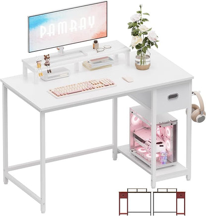 Pamray 39 Inch Computer Desk with Monitor Stand Small Home Office Desks with Non-Woven Storage Drawer for Bedroom Study Table Writing and Work Desk White,White Leg