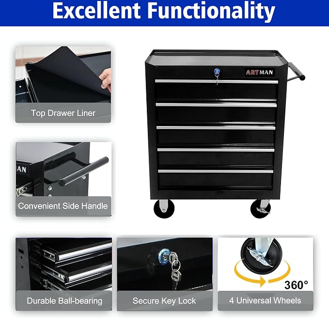 RYH 5Drawers Rolling Tool Chest & Tool Box on Wheels | Heavy Duty Metal Cart with Ball Bearing Drawers | Fits US General Tool Box for Garage Storage (Black, 5 Drawers（29.9" H × 24.2" W × 12.9" D)