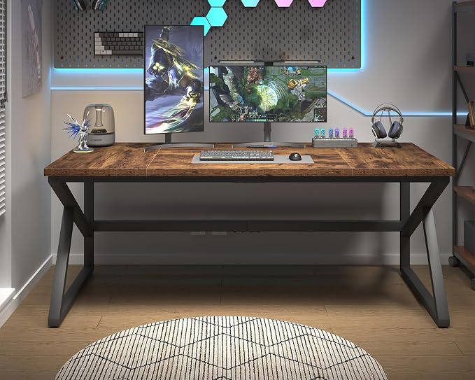 HSH Large Rustic Brown Computer Desk, 70 Inch Home Office Metal Wood Desk for 2 Person, Farmhouse Extra Long Writing Study Gaming Table, Bedroom Living Room PC Laptop Dual Monitor Desk