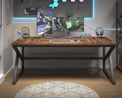 HSH Large Rustic Brown Computer Desk, 70 Inch Home Office Metal Wood Desk for 2 Person, Farmhouse Extra Long Writing Study Gaming Table, Bedroom Living Room PC Laptop Dual Monitor Desk