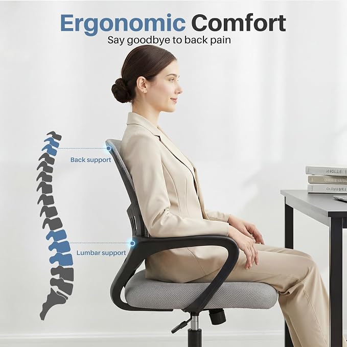 DUMOS Home Office Chair - Ergonomic Mid Back Mesh Desk Chair with Lumbar Support & Rocking Mode, Height Adjustable, Fixed Armrest, for Conference, Computer, 360° Swivel, Adults, Grey