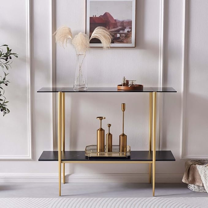LumFurn Glass Console Table for Living Room, Foyer & Entrance, 2-Tiers Mid-Century Modern Sofa Table with Grey Glass Top, Black Marble Finish Wood Shelf and Gold Finish Frame
