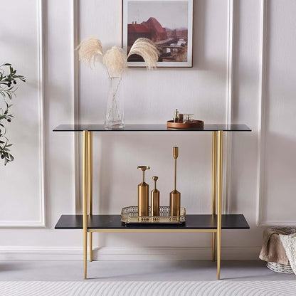 LumFurn Glass Console Table for Living Room, Foyer & Entrance, 2-Tiers Mid-Century Modern Sofa Table with Grey Glass Top, Black Marble Finish Wood Shelf and Gold Finish Frame