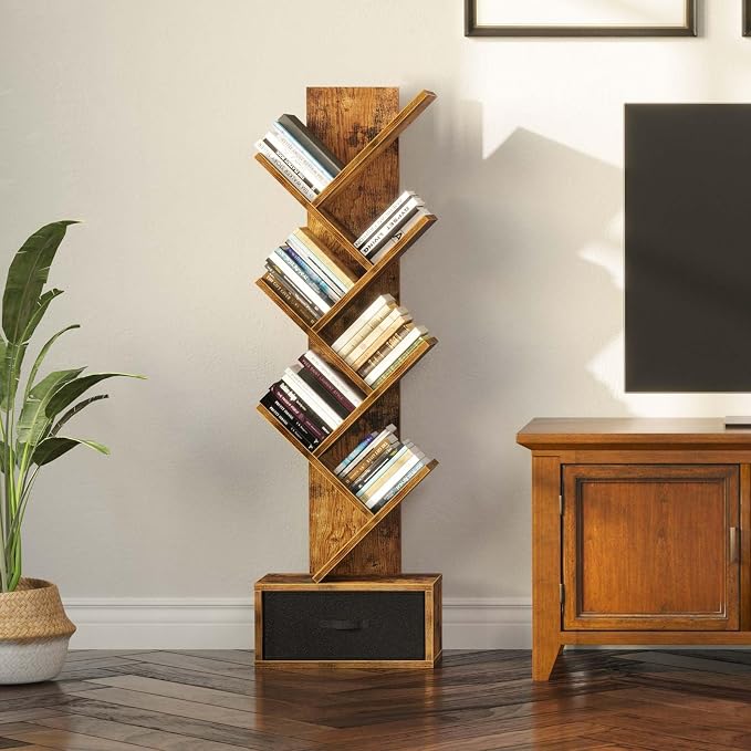Rolanstar 7 Tier Bookshelf with Drawer, Tree Bookshelf, Small Bookshelves with Storage Rack for CDs/Movies/Books, Standing Book Shelf, Tall Narrow Bookcase for Living Room, Bedroom, Rustic Brown