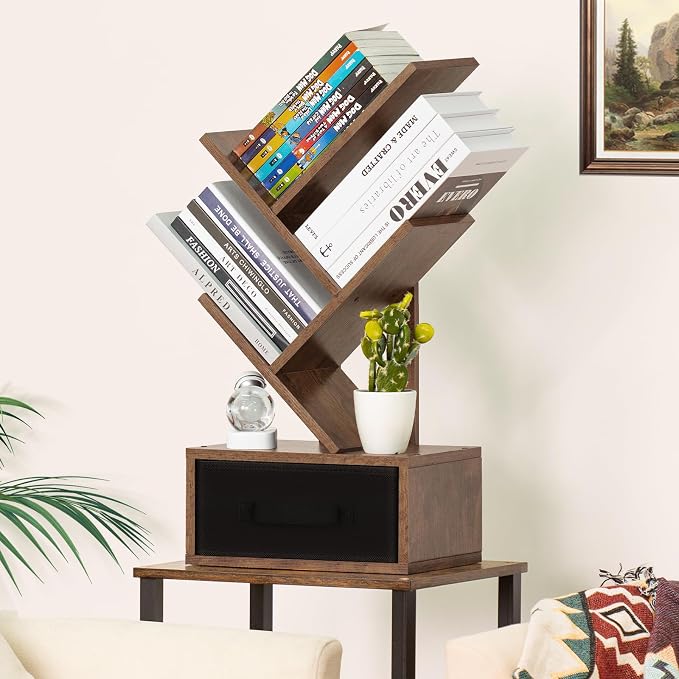 SHEEPAM Small Bookshelf with Drawer,4 Tier Tree Book Shelf,Wood Desk Bookshelves,Modern Free Standing Desktop Display Shelves,Brown Floor Standing Organizer Bookcase for Living Room,Bedroom,Office