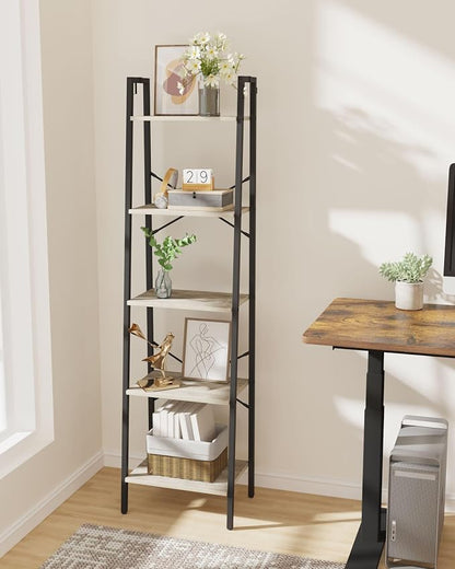 Hzuaneri Ladder Shelf, Bookshelf Bookcase, Freestanding Corner Storage Shelve with 2 Hooks for Home Office, Living Room, Kitchen, Bedroom, Industrial, 11.8" D x 17.3" W x 63" H, Greige BC19205B