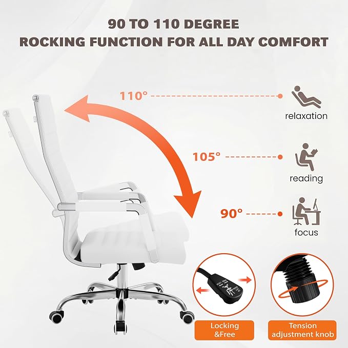 Furmax Ribbed Office Chair High Back PU Leather Executive Conference Chair Adjustable Swivel Chair with Arms (White)