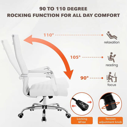 Furmax Ribbed Office Chair High Back PU Leather Executive Conference Chair Adjustable Swivel Chair with Arms (White)