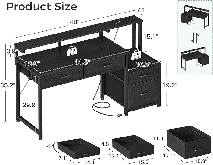 AODK Computer Desk with 4 Drawers, 48 Inch Office Desk with Printer Shelf & Built-in Power Outlet, Work Desk with Monitor Shelf for Home Small Spaces, Black