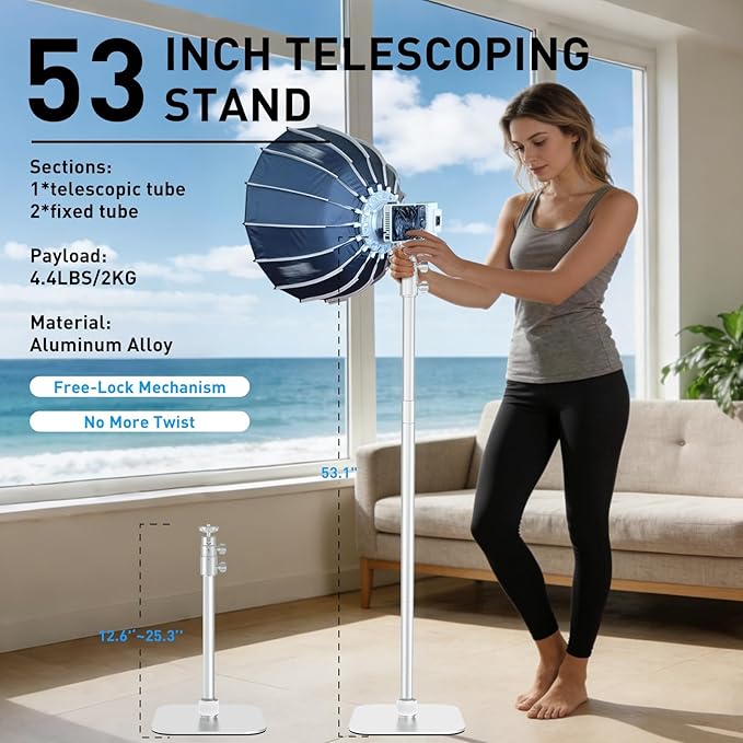 Ailight TS50 Camera Stand, 12.6 to 53.1 in Height, Universal 1/4" to 3/8" Screw Adapter with Swivel 360° Panoramic Ball Head, Light Stand Desk and Floor Mount for DSLR Cameras, Photograph Lights