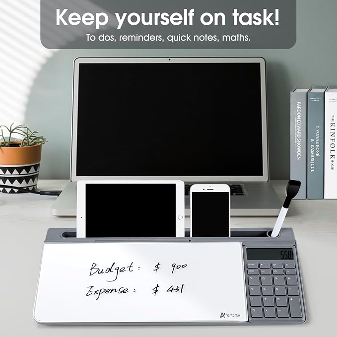 Varhomax Glass Desk Whiteboard with Calculator, Desktop Dry Erase White Board with Storage, to Do List Memo Notepad for Home and Office