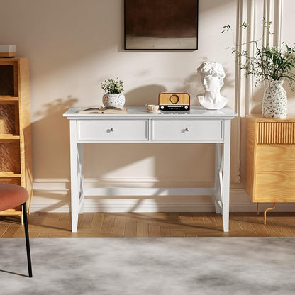 Lewahom White Computer Desk with 2 Drawers, Modern Makeup Vanity Desk with Storage, Writing Desk for Home Office, 42'' Long Study Simple White Desk for Bedroom Console Table Living Room