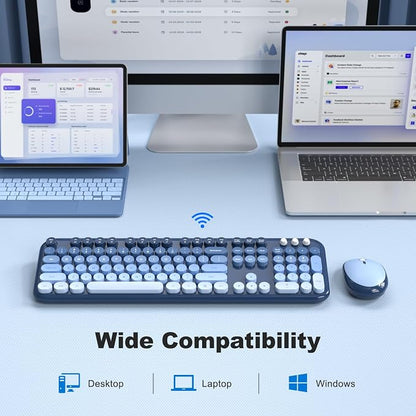Wireless Keyboard Mouse Combo - Lovely SkyBlue-Gradient Rainbow Full-Sized Typewriter Colorful Keyboards, Round Keycap Plug Play Retro Cute Keyboards for Windows, Laptop, PC, Desktop, Computer